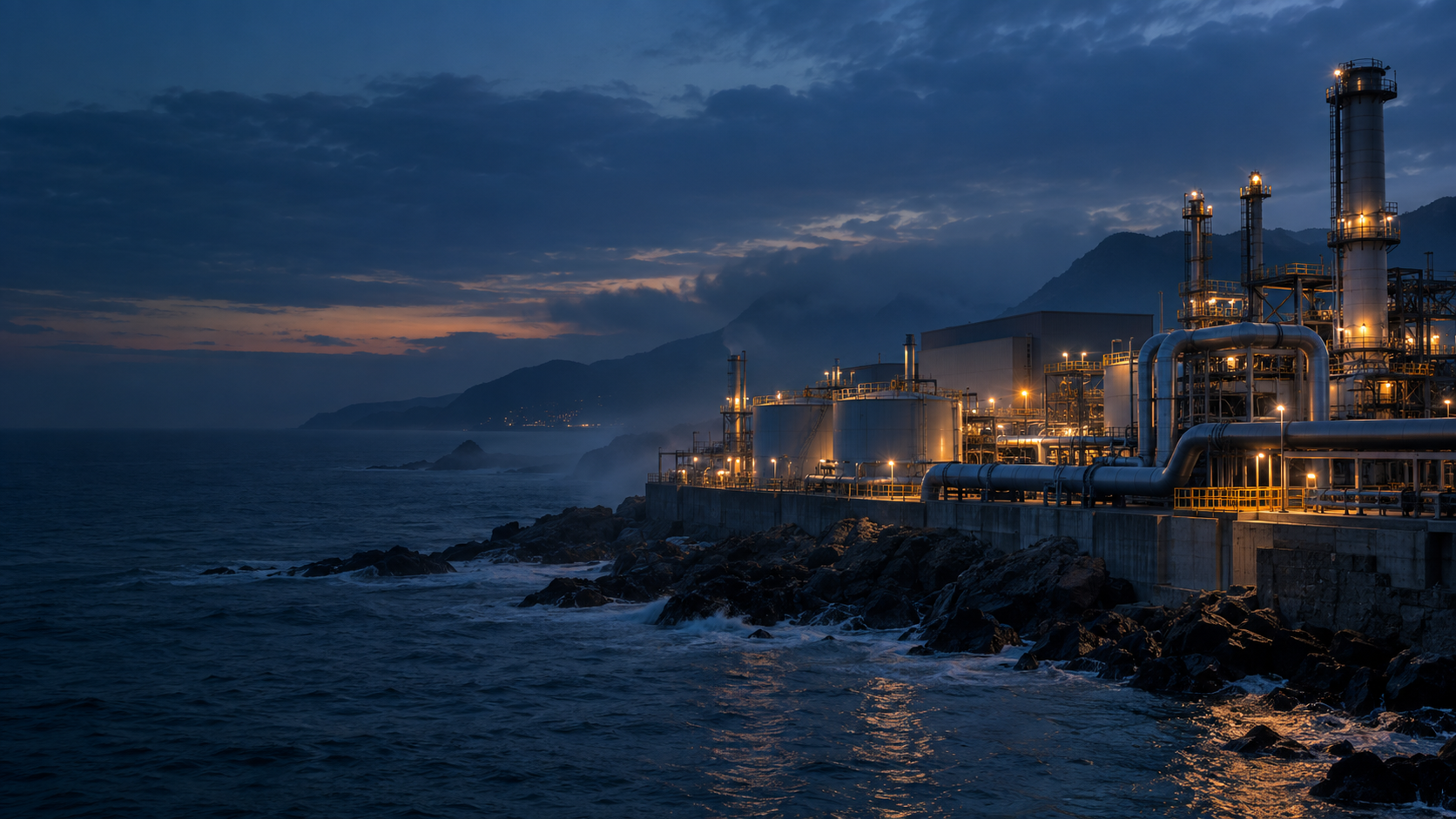 Illustrative remote coastal industrial facility at blue hour