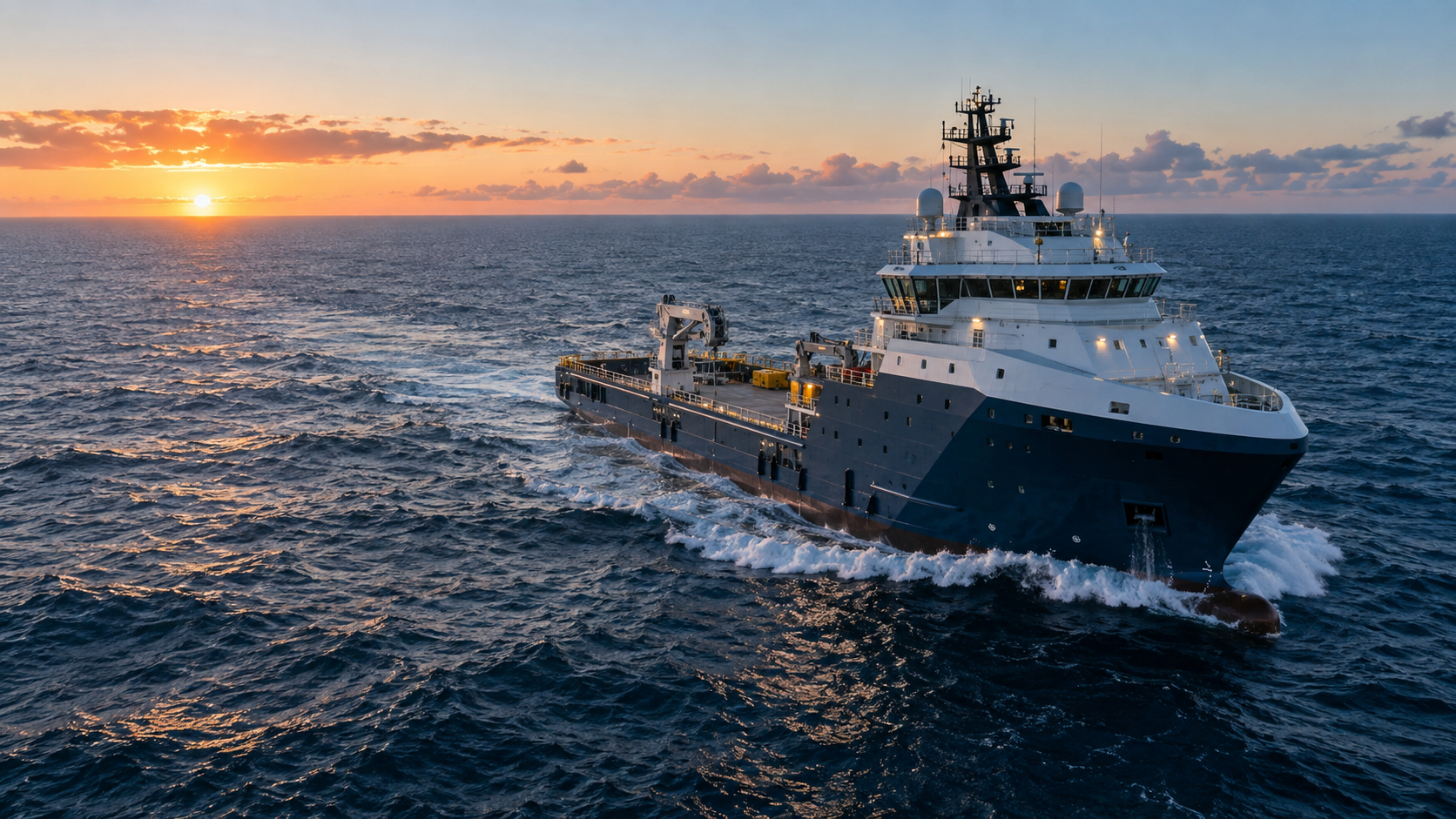 Illustrative offshore support vessel at dawn