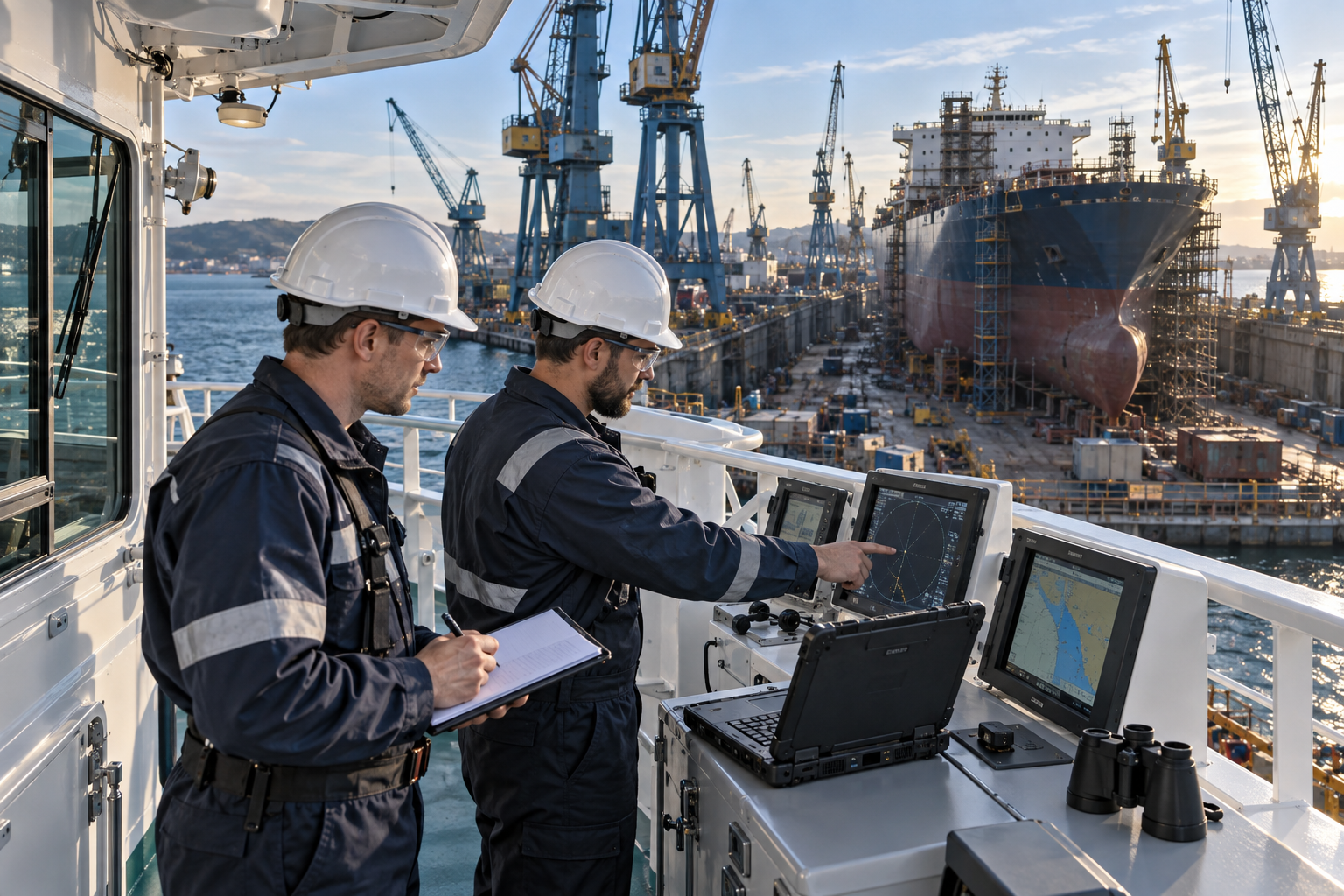 Illustration of marine engineers reviewing installed equipment at a shipyard